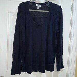 Loft linen blend navy blue knit top Sz XL long sleeve scoop neck ribbing